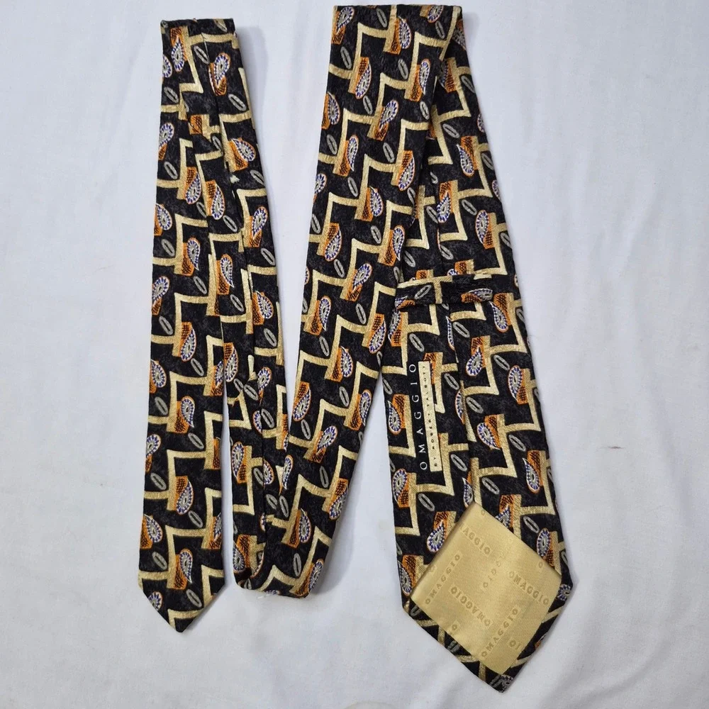 Omaggio by Robert Talbott Tie Mens Black Gold Paisley Geometric Silk Italy